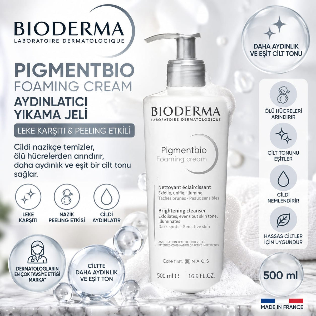 Bioderma Pigmentbio Foaming Cream 500 ml – Leke Karşıtı Peeling Etkili Aydınlatıcı Yüz Temizleme Jeli
