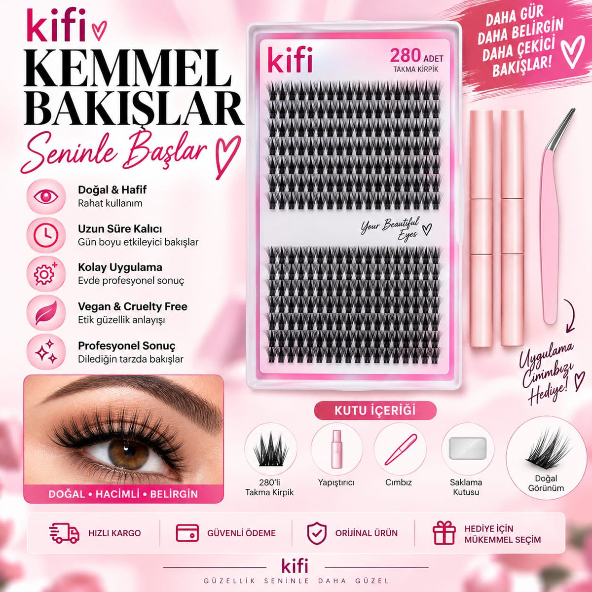 Kifi 280’li İpek Takma Kirpik Seti – Yapıştırıcı, Sabitleyici, Çıkarıcı ve Kirpik Cımbızı Dahil