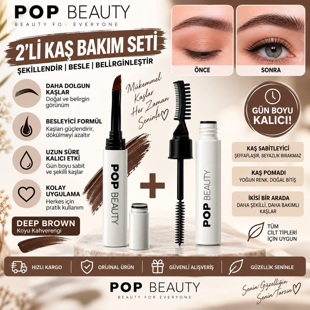 POP Beauty Kaş Sabitleyici ve Şekillendirici + Kaş Pomadı 2’li Kaş Bakım Seti