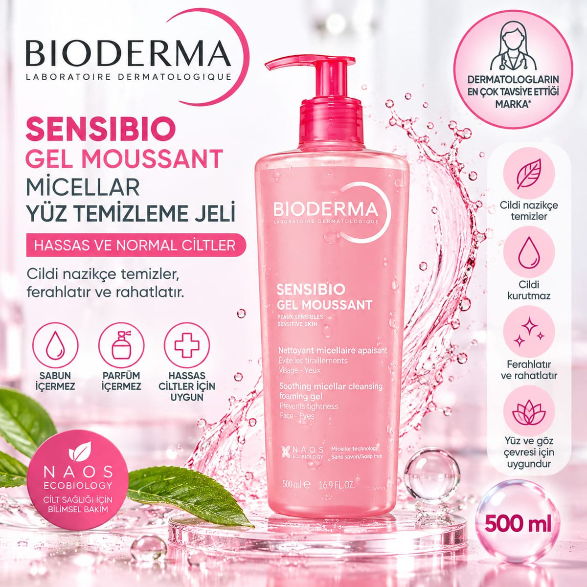 Bioderma Sensibio Foaming Gel Hassas ve Normal Ciltler İçin Yüz Temizleme Jeli 500 ml