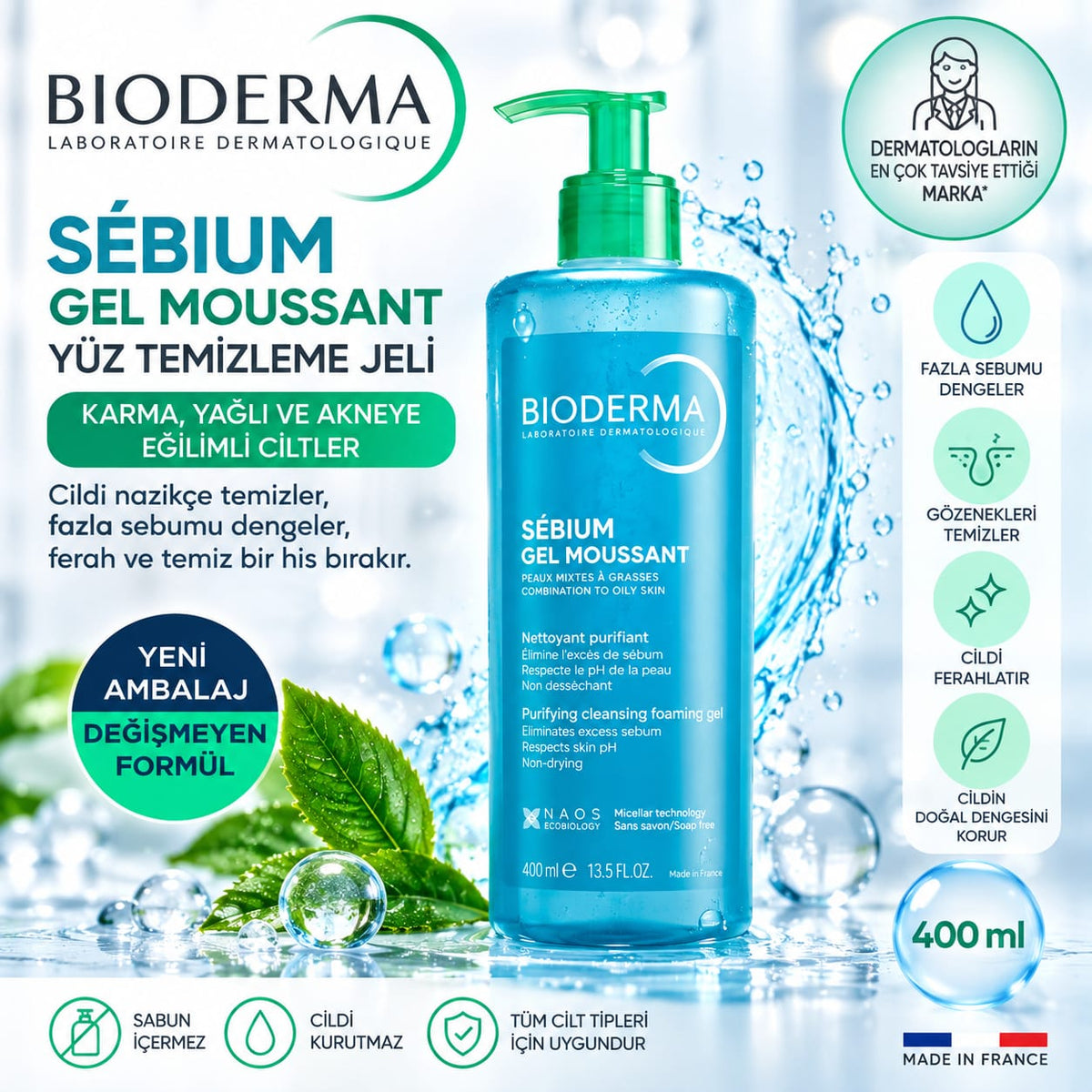 Bioderma Sebium Foaming Gel 400 ml – Yağlı ve Akneye Eğilimli Ciltler İçin Yüz Temizleme Jeli