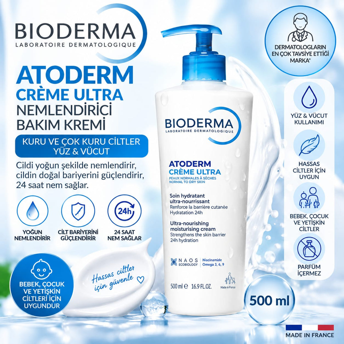 Bioderma Atoderm Cream 500 ml – Ultra Kuru Ciltler İçin Bebek, Çocuk ve Yetişkin Nemlendirici Yüz ve Vücut Bakım Kremi